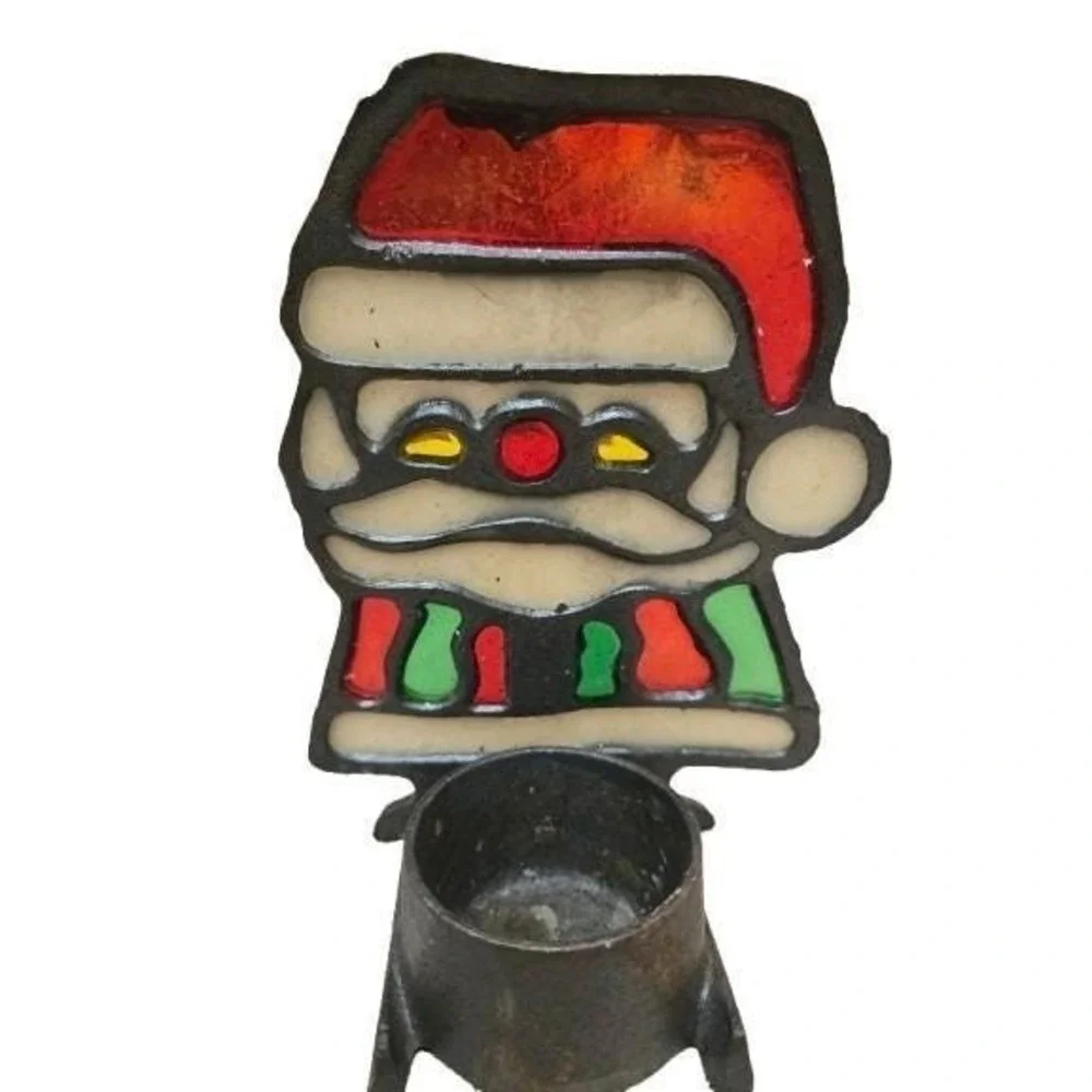 Stained‎ Glass Vintage Cast Iron Santa Claus Votive Candle Holder Christmas